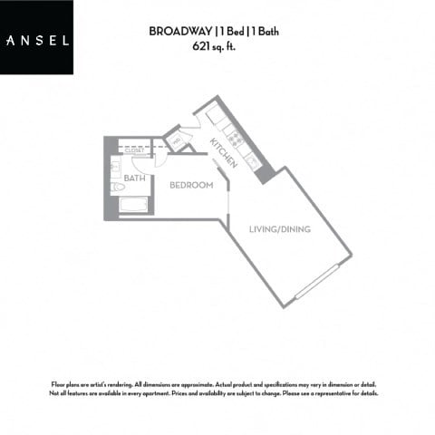 Floor plan for 1 bed, 1 bath, 621 sqft